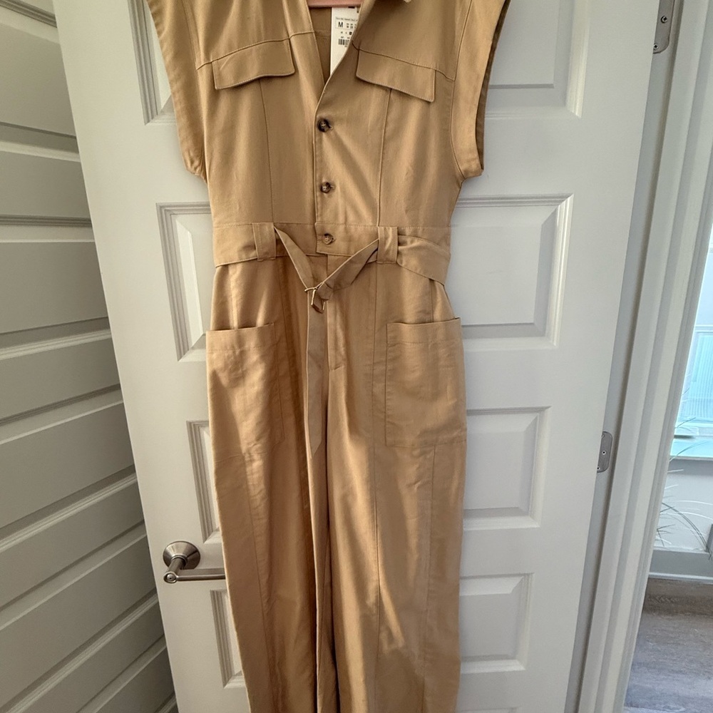 Zara Beige Button-Down Jumpsuit